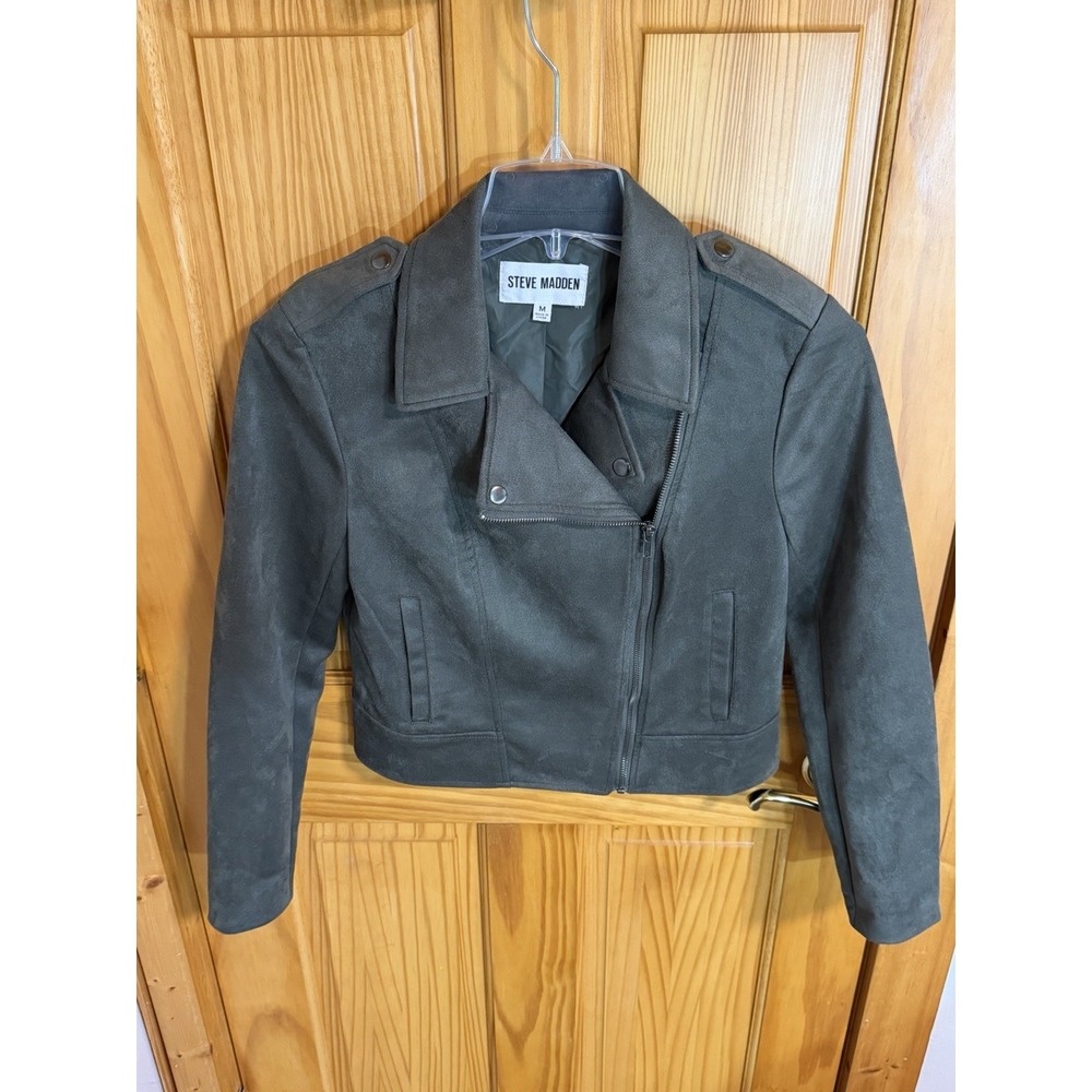 Steve Madden Womens M Olive Green Faux Suede Moto Jacket Biker Zip Stretch Fall